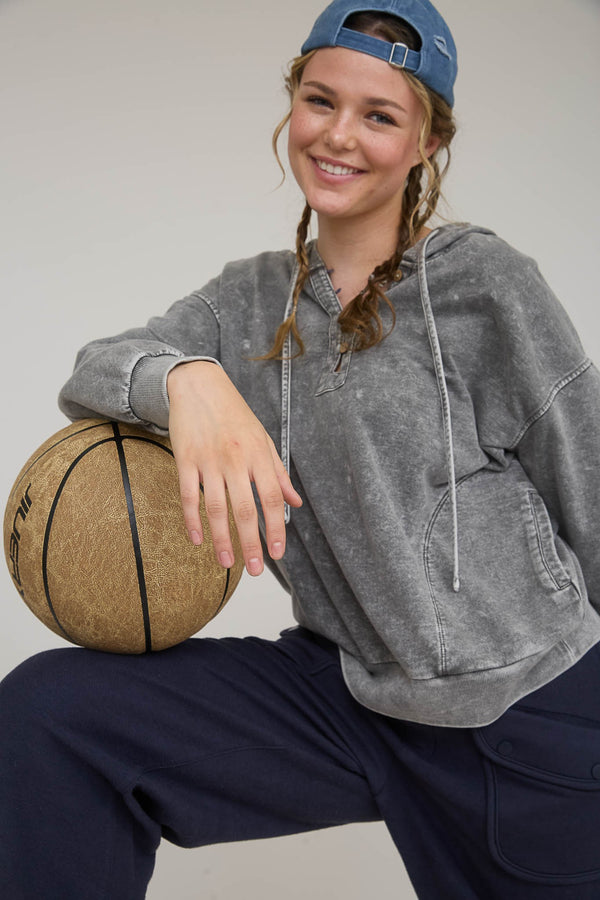 Blu Pepper Washed Hooded Henley Knit Sweater - Blush & Cactus