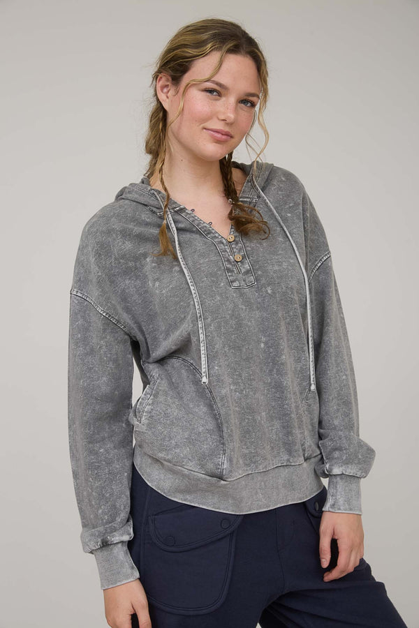 Blu Pepper Washed Hooded Henley Knit Sweater - Blush & Cactus