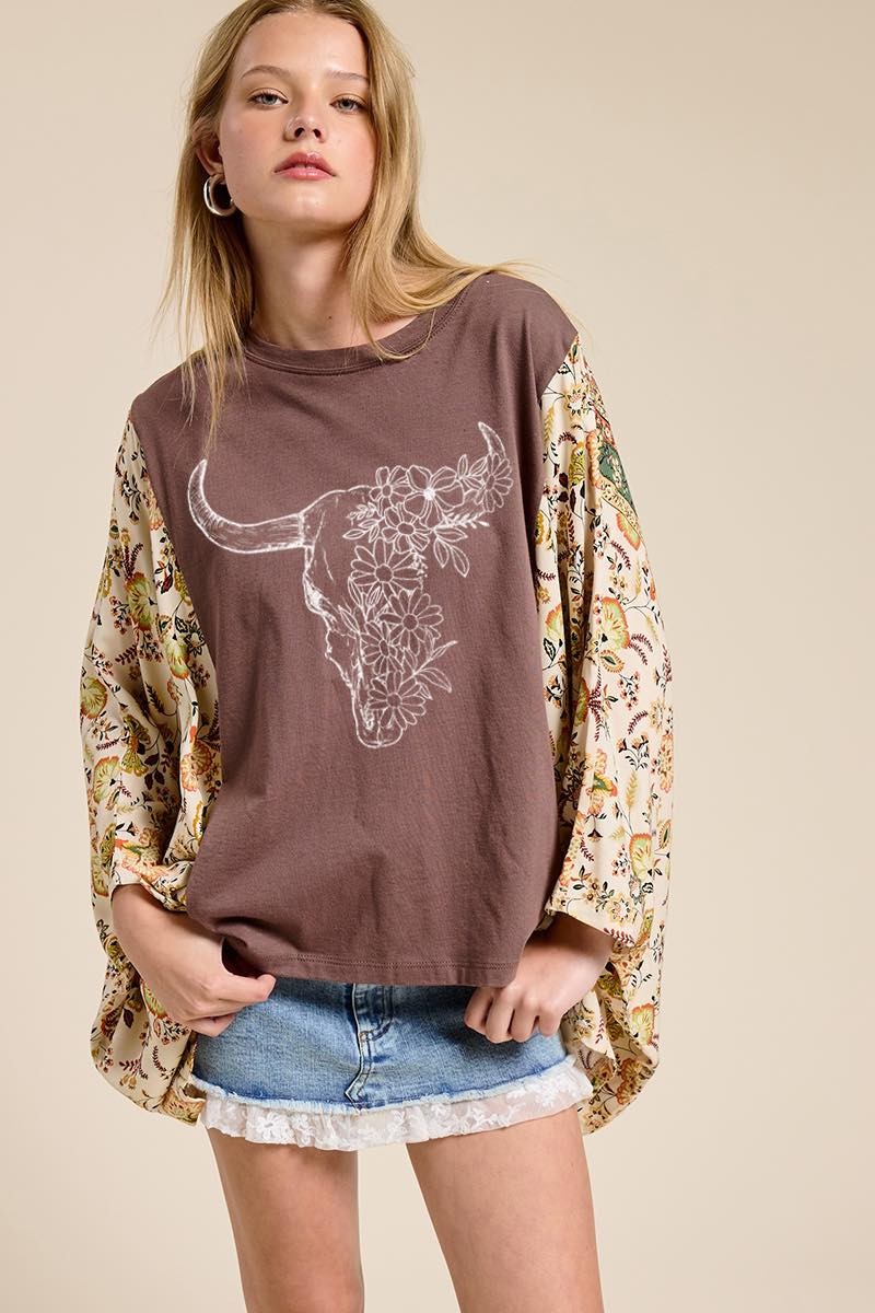 Zutter Floral Longhorn Western Graphic Kantha Top
