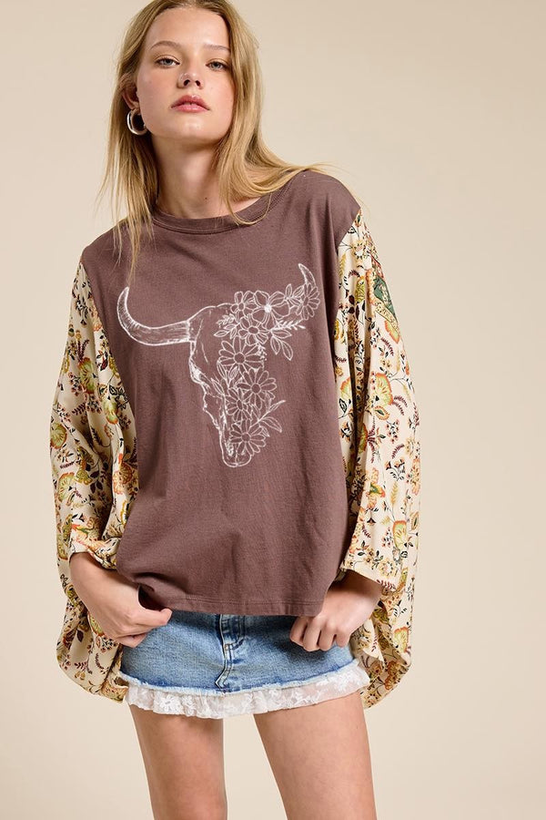 Zutter Floral Longhorn Western Graphic Kantha Top