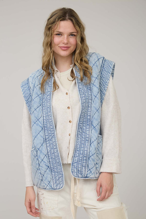 Washed Denim Quilted Shawl Vest