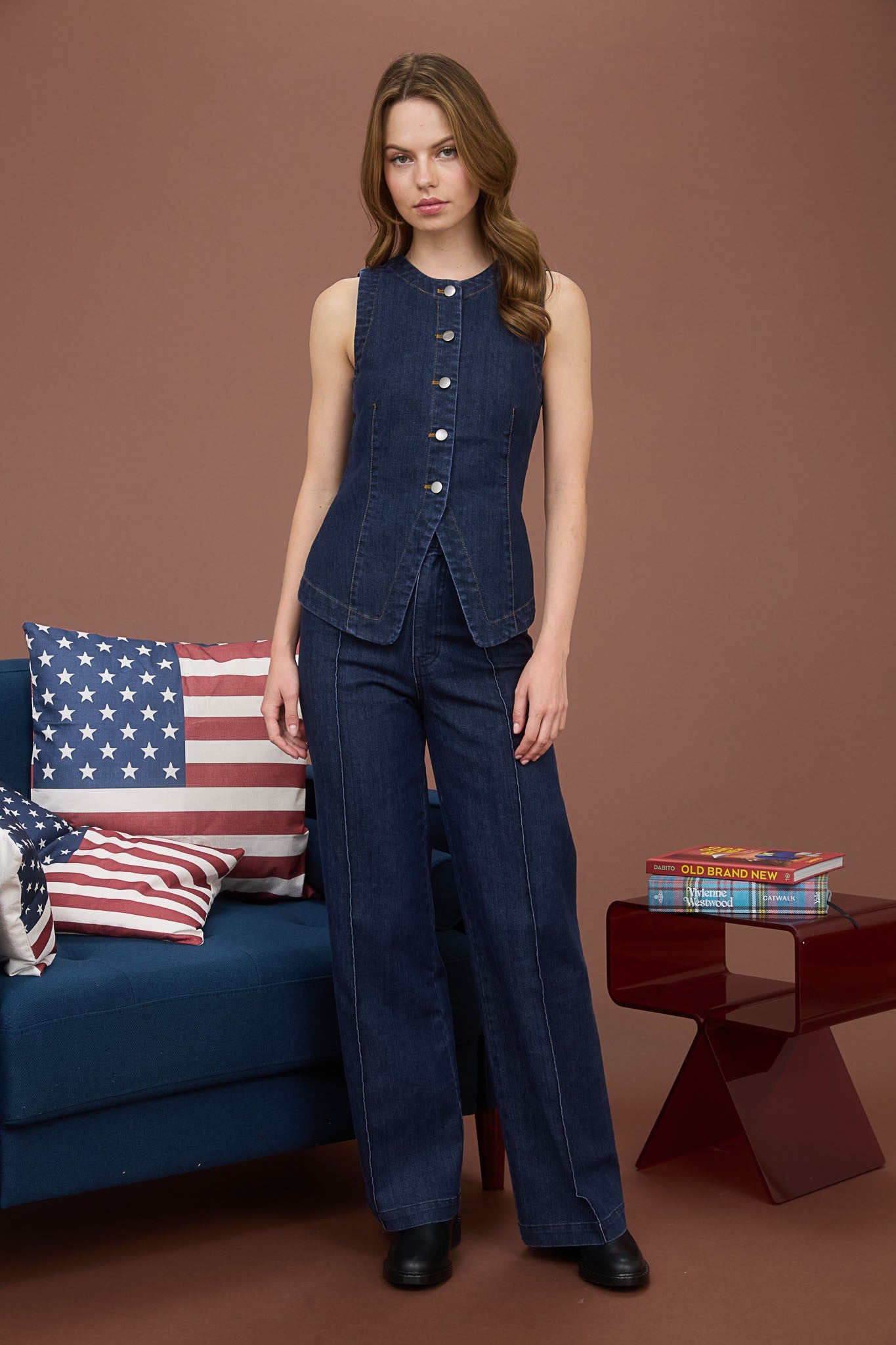 Blu Pepper Round Neck Bottom Down Sleeveless Denim Vest