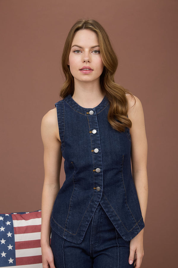 Blu Pepper Round Neck Bottom Down Sleeveless Denim Vest