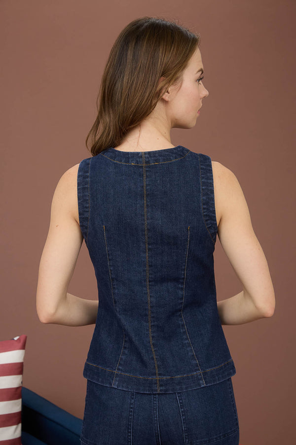 Blu Pepper Round Neck Bottom Down Sleeveless Denim Vest