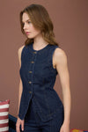 Blu Pepper Round Neck Bottom Down Sleeveless Denim Vest