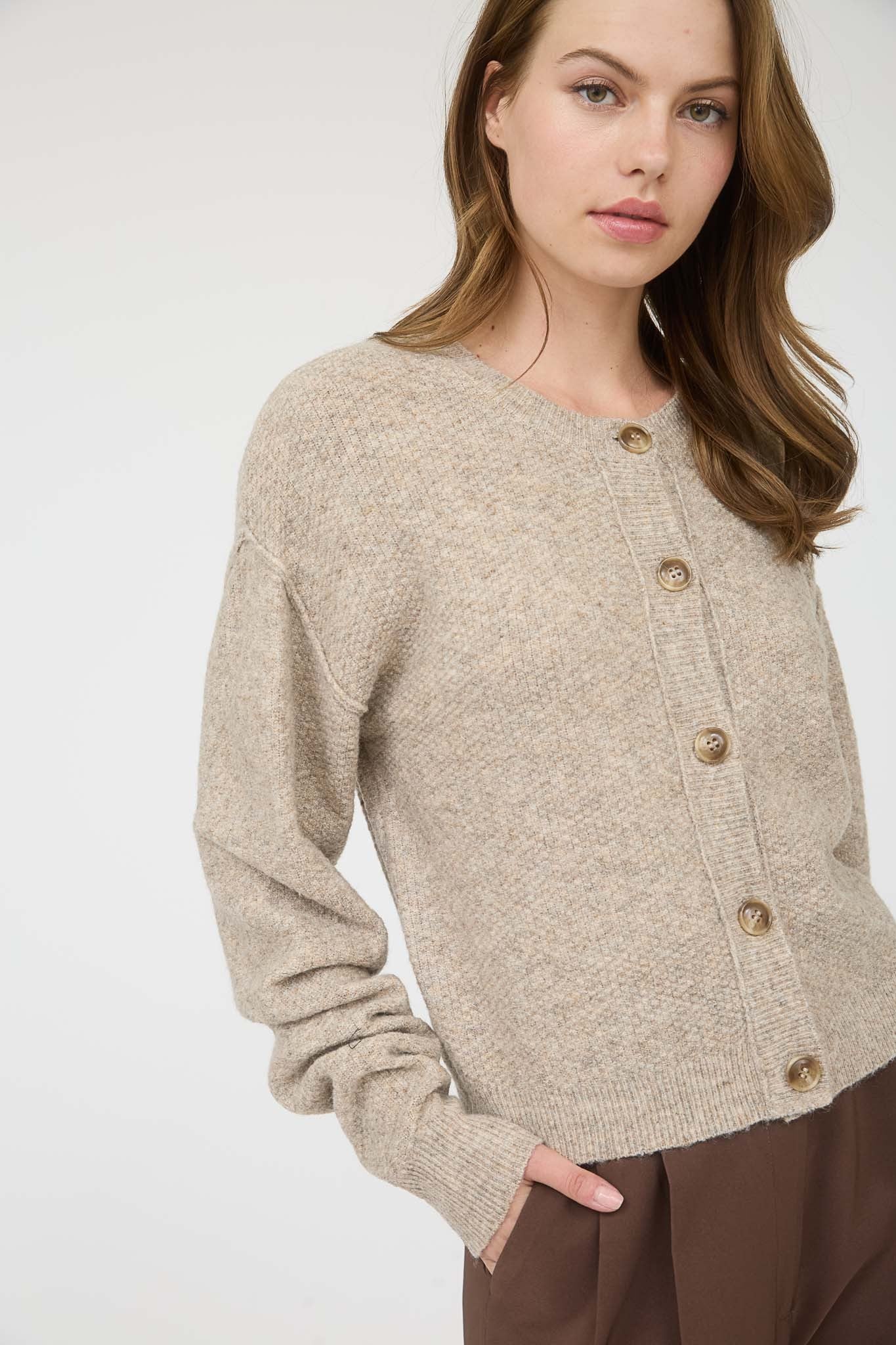 Blu Pepper Ribbed Trim Button Down Long Sleeve Knit Cardigan - Blush & Cactus