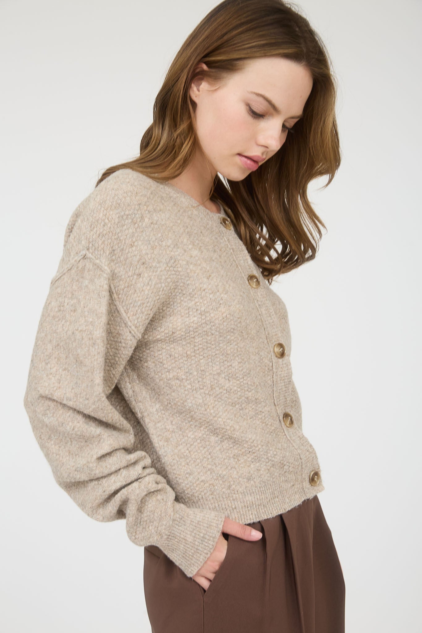 Blu Pepper Ribbed Trim Button Down Long Sleeve Knit Cardigan - Blush & Cactus