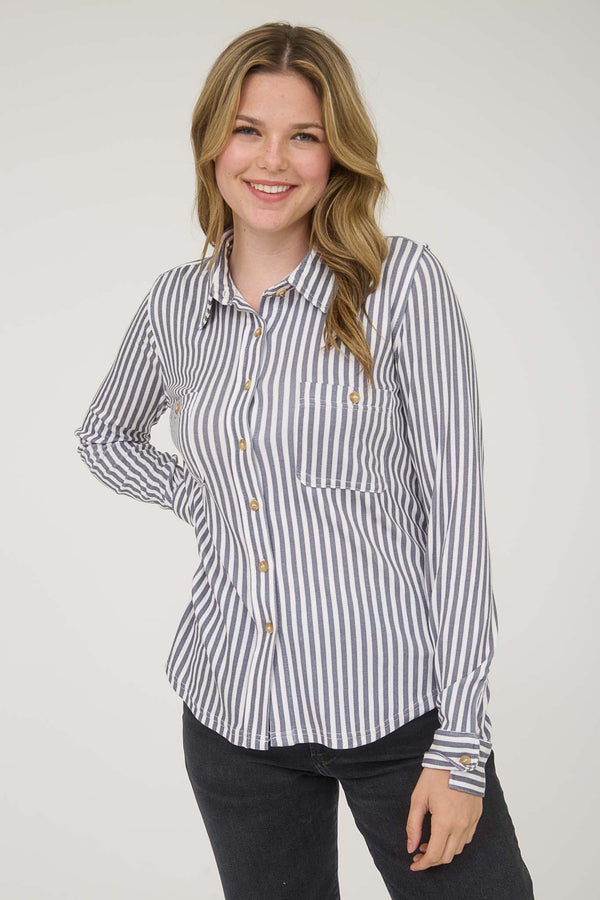 Blu Pepper Stripe Collared Long Sleeve Button Down Shirt