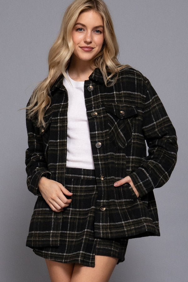 Long Slv Inside Faux Fur Brushed Plaid Jacket - Blush & Cactus