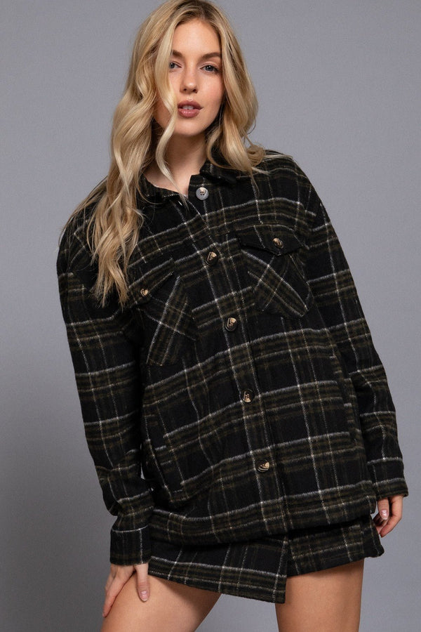 Long Slv Inside Faux Fur Brushed Plaid Jacket - Blush & Cactus