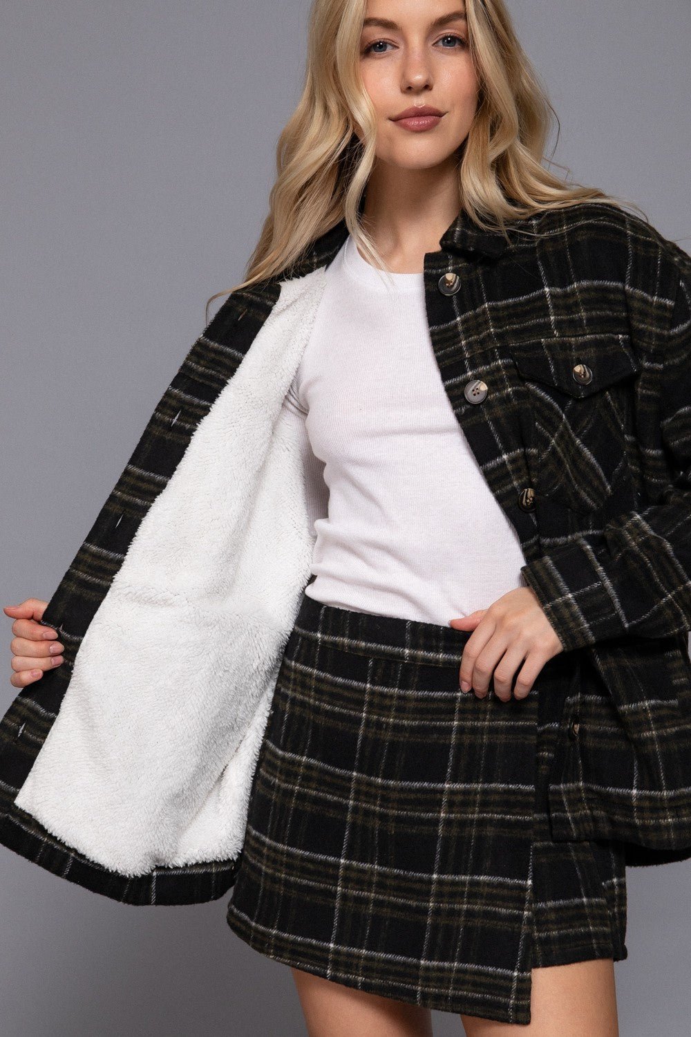 Long Slv Inside Faux Fur Brushed Plaid Jacket - Blush & Cactus
