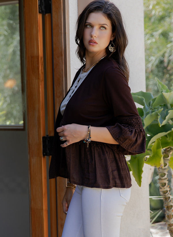 Boho - inspired Knit Kimono Shrug With Printed Frill - Blush & Cactus