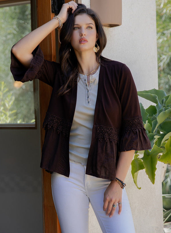 Boho - inspired Knit Kimono Shrug With Printed Frill - Blush & Cactus