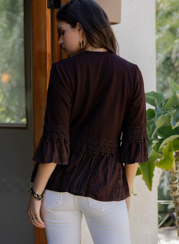 Boho - inspired Knit Kimono Shrug With Printed Frill - Blush & Cactus