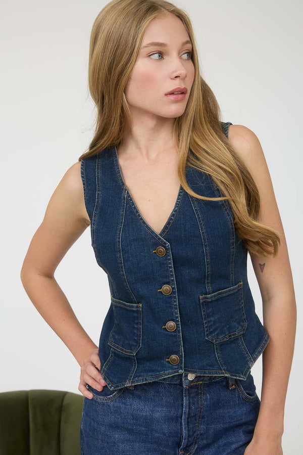 V Neck Sleeveless Button Down Denim Vest - Blush & Cactus