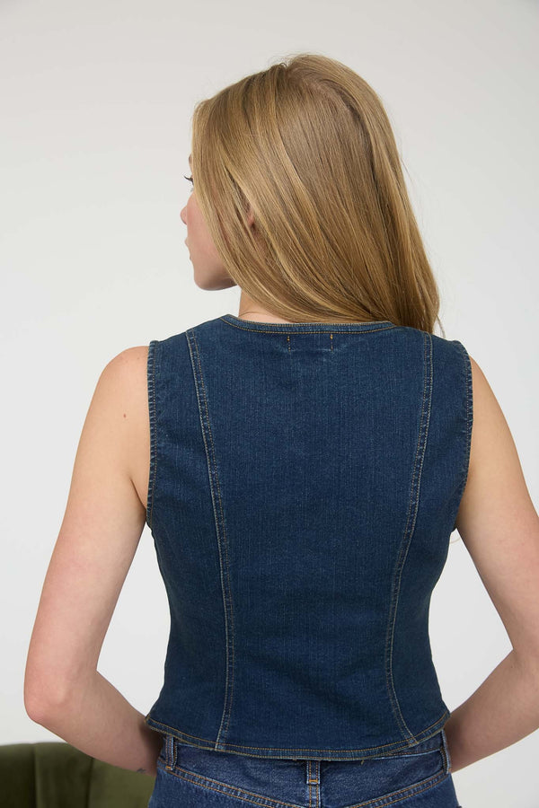 V Neck Sleeveless Button Down Denim Vest - Blush & Cactus