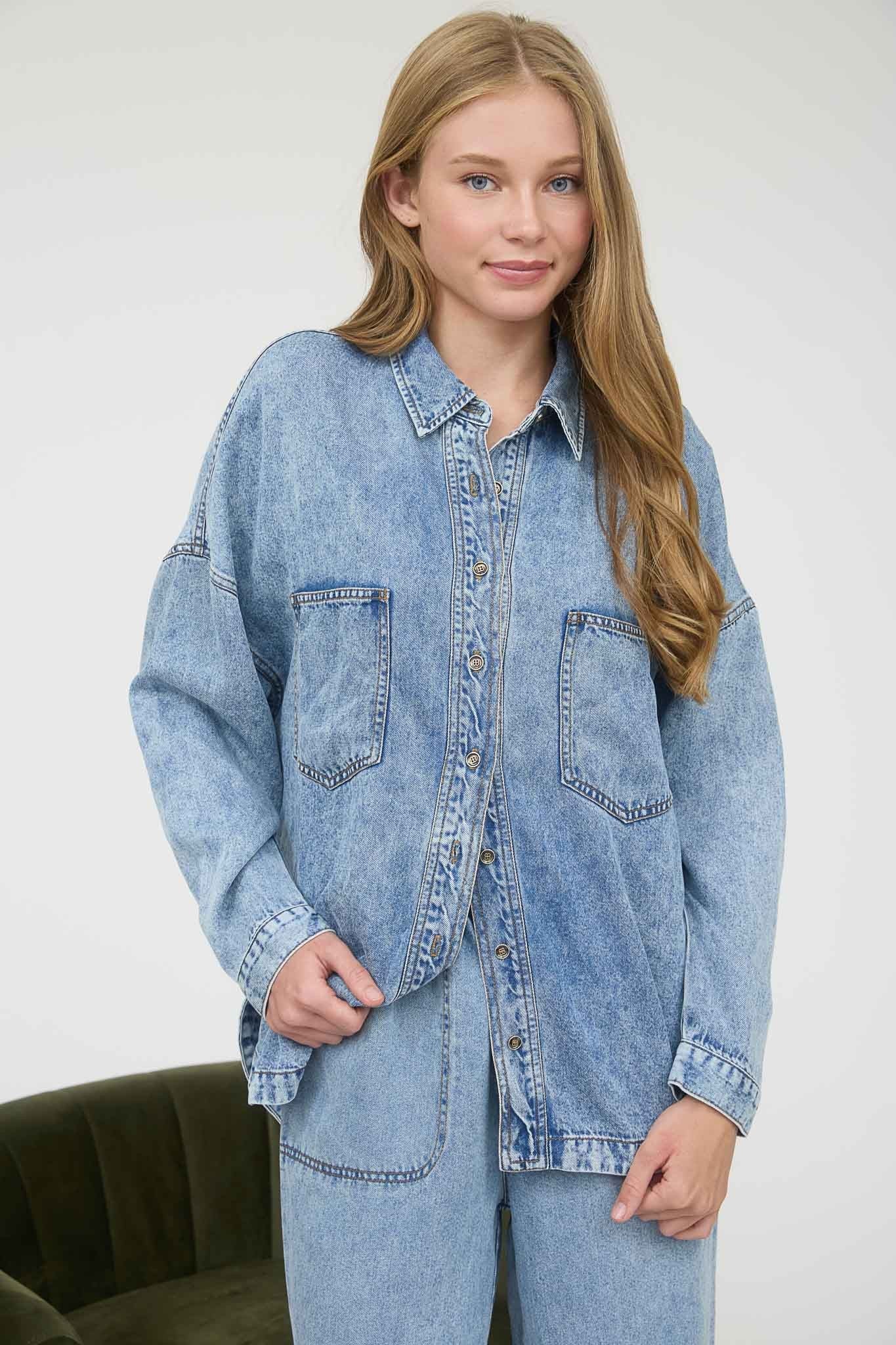 Washed Chambray Button Down Long Sleeve Shirt - Blush & Cactus