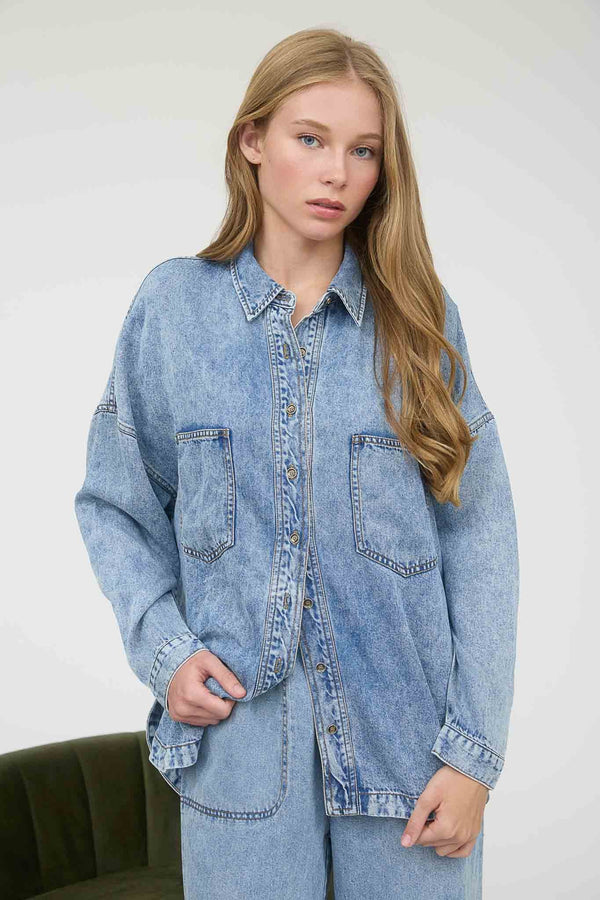 Washed Chambray Button Down Long Sleeve Shirt - Blush & Cactus