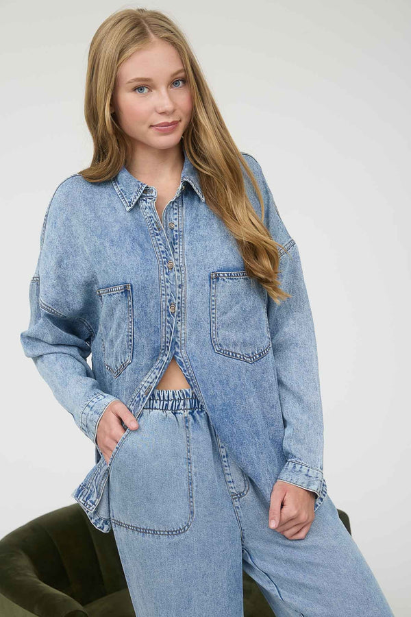 Washed Chambray Button Down Long Sleeve Shirt - Blush & Cactus