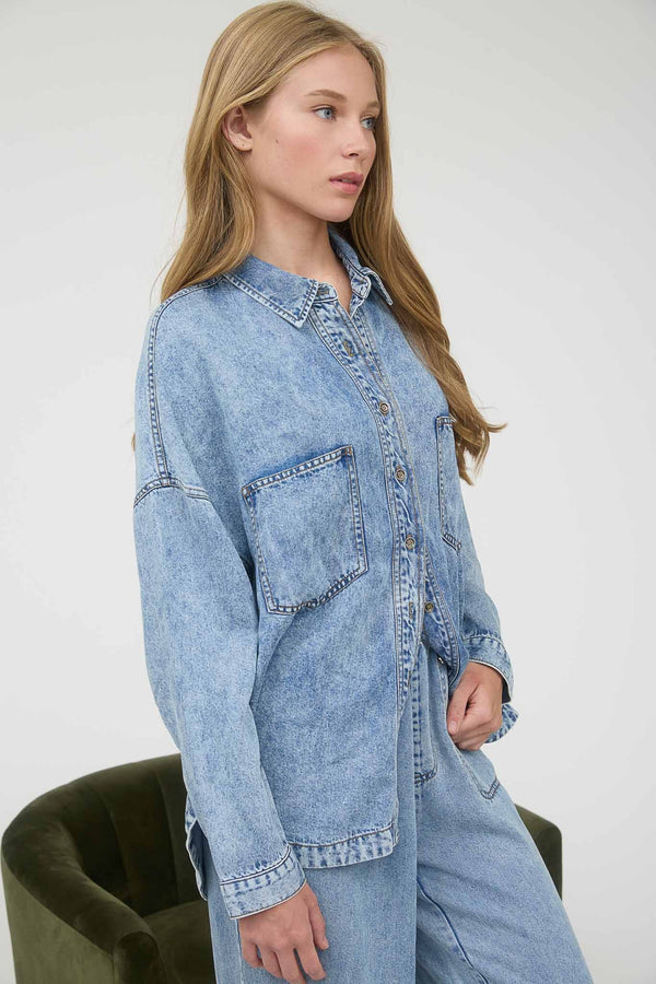 Washed Chambray Button Down Long Sleeve Shirt - Blush & Cactus