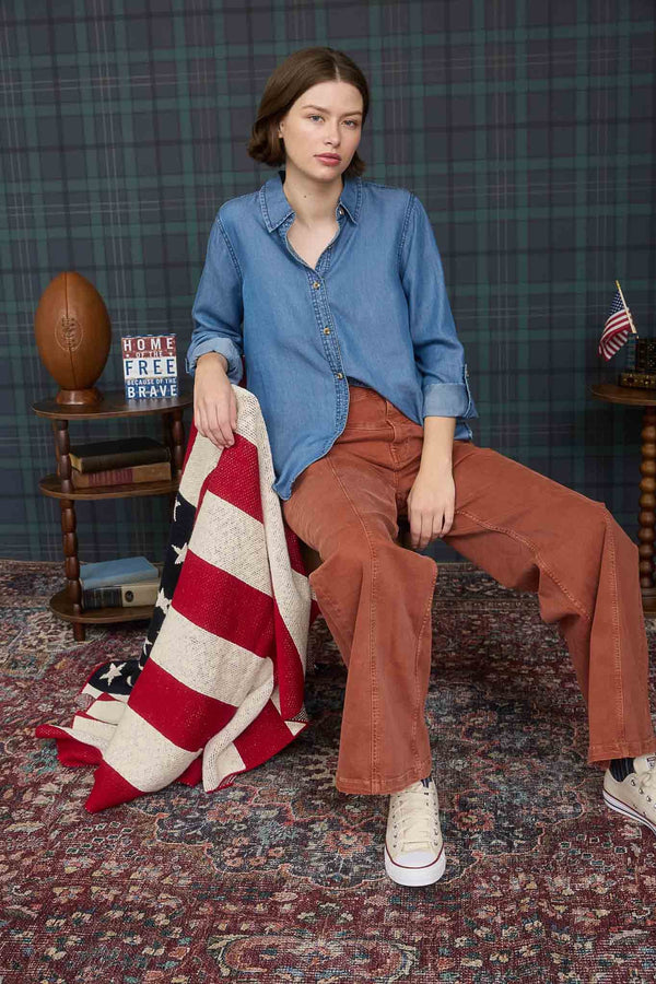 Blu Pepper Chambray Collared 3/4 Tab Sleeve Button Down Shirt - Blush & Cactus