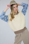Checkered Denim Sleeve Mix Media Knit Sweater - Blush & Cactus