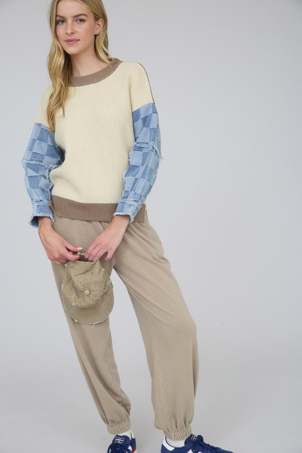 Checkered Denim Sleeve Mix Media Knit Sweater - Blush & Cactus