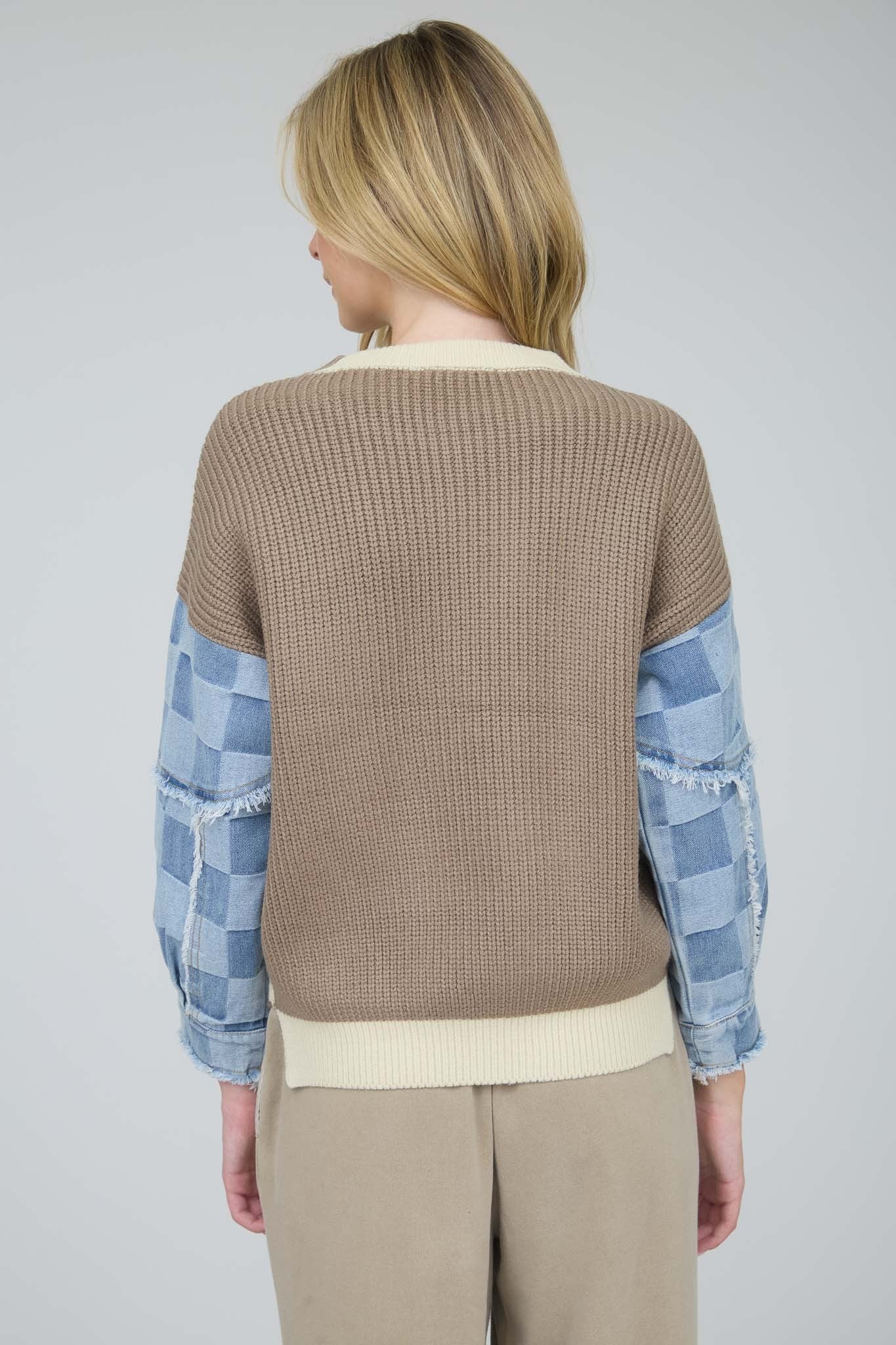 Checkered Denim Sleeve Mix Media Knit Sweater - Blush & Cactus