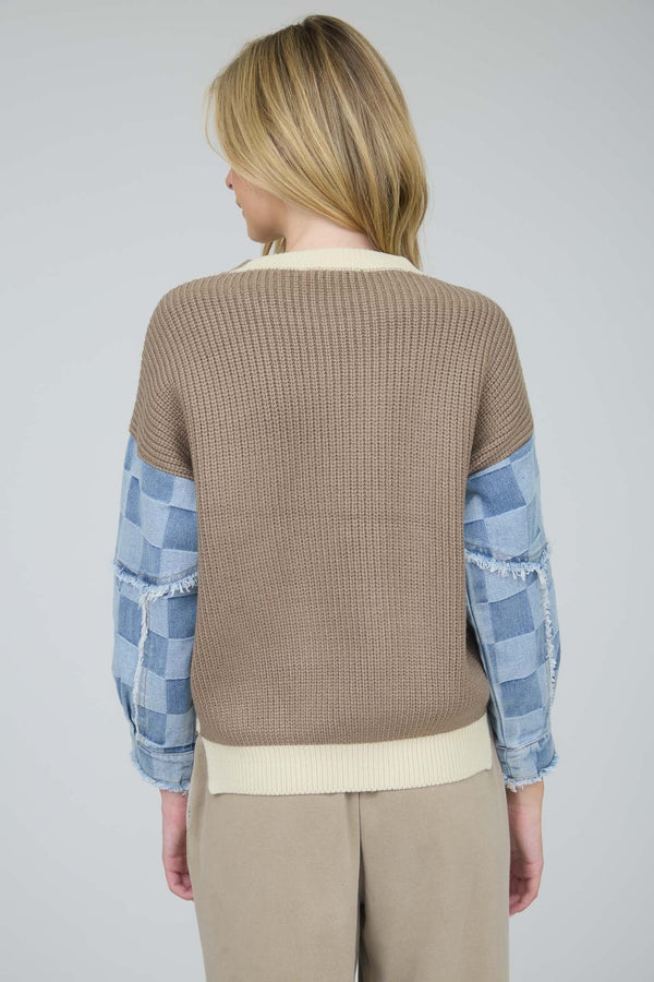 Checkered Denim Sleeve Mix Media Knit Sweater - Blush & Cactus