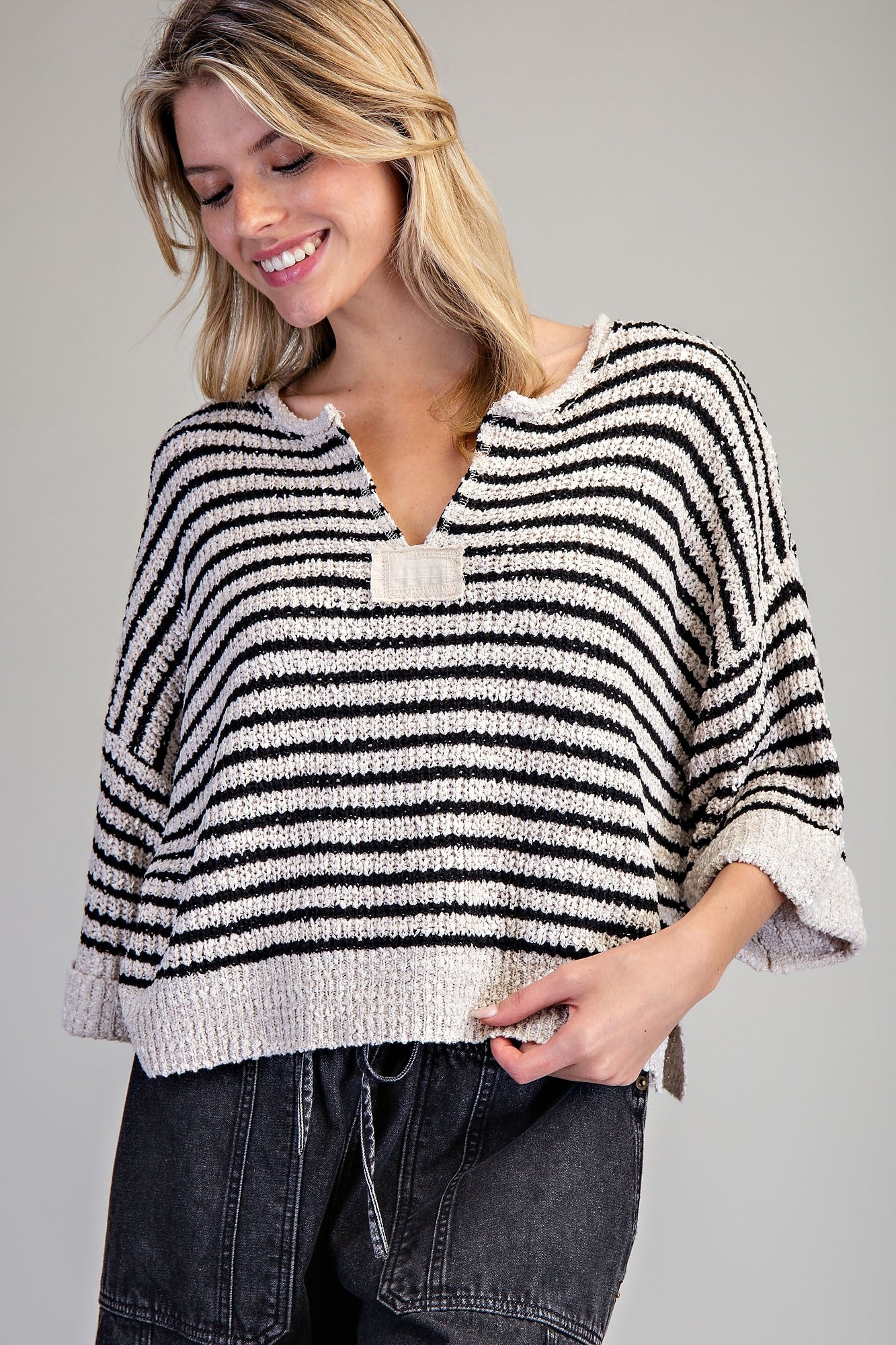 eesome Split Neck Striped Half Sleeve Sweater - Blush & Cactus