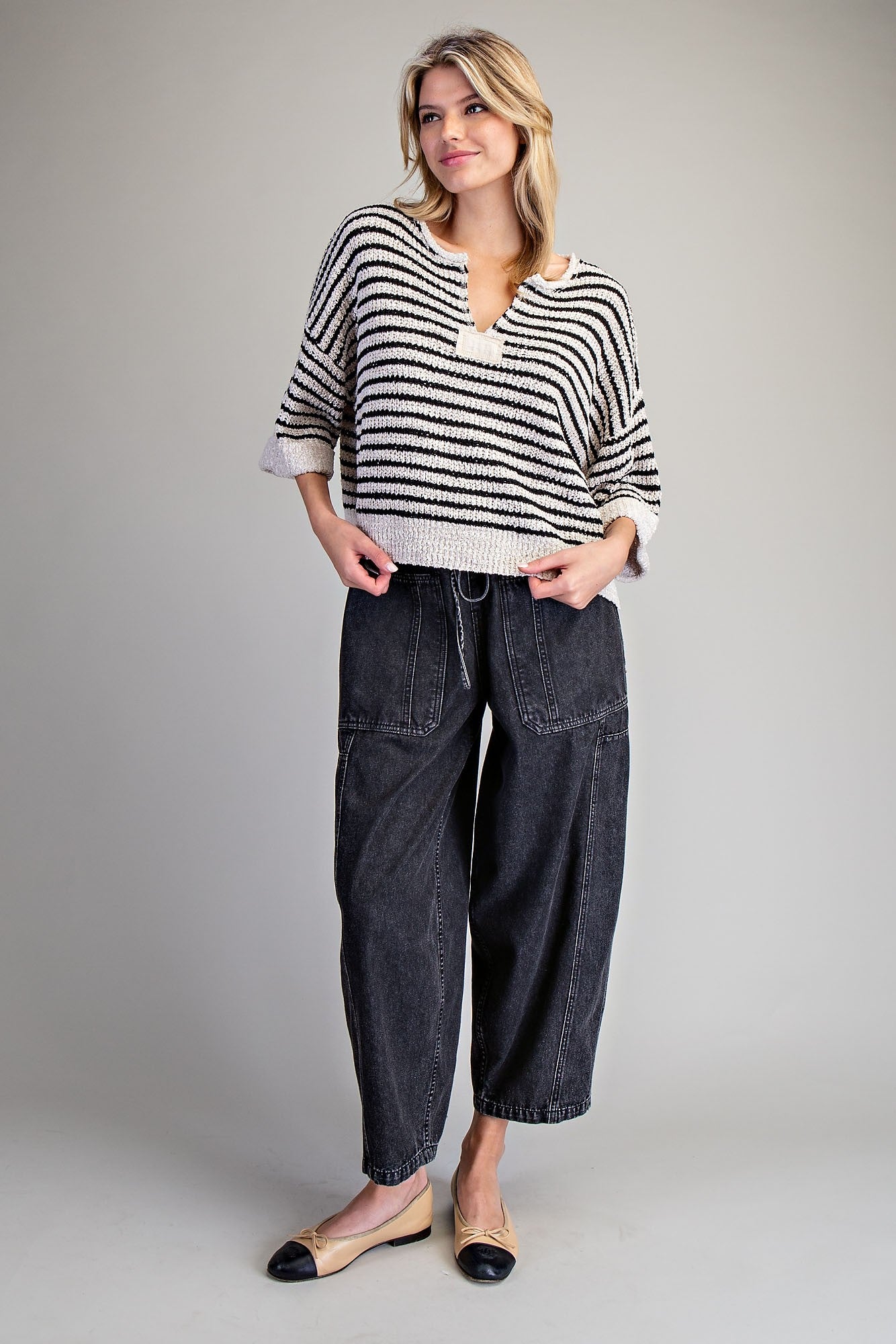 eesome Split Neck Striped Half Sleeve Sweater - Blush & Cactus