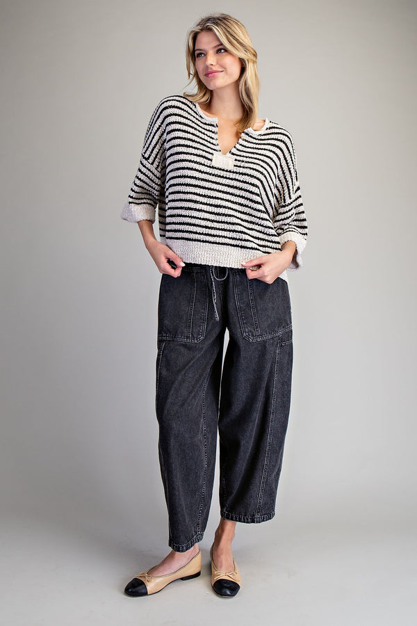 eesome Split Neck Striped Half Sleeve Sweater - Blush & Cactus