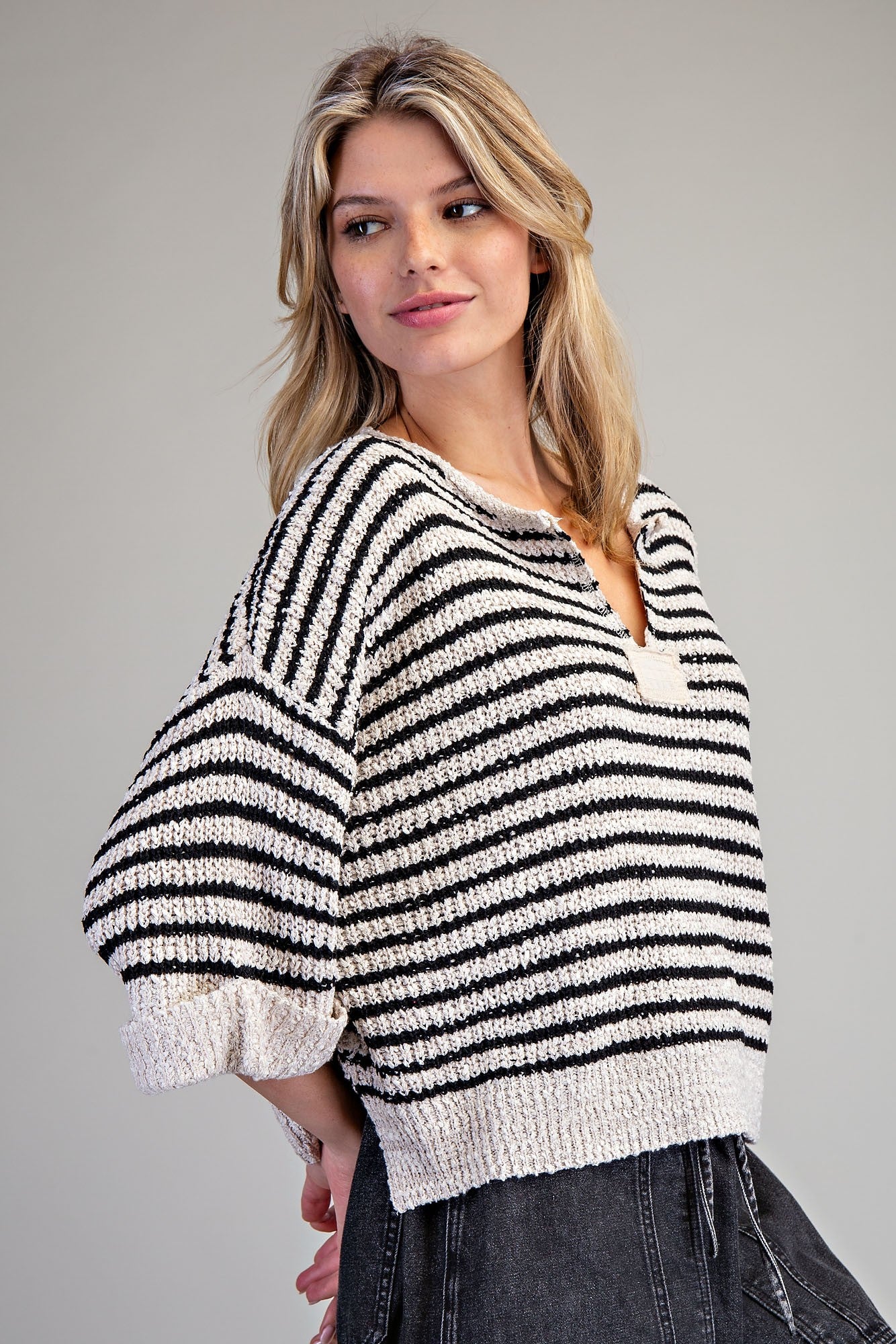 eesome Split Neck Striped Half Sleeve Sweater - Blush & Cactus