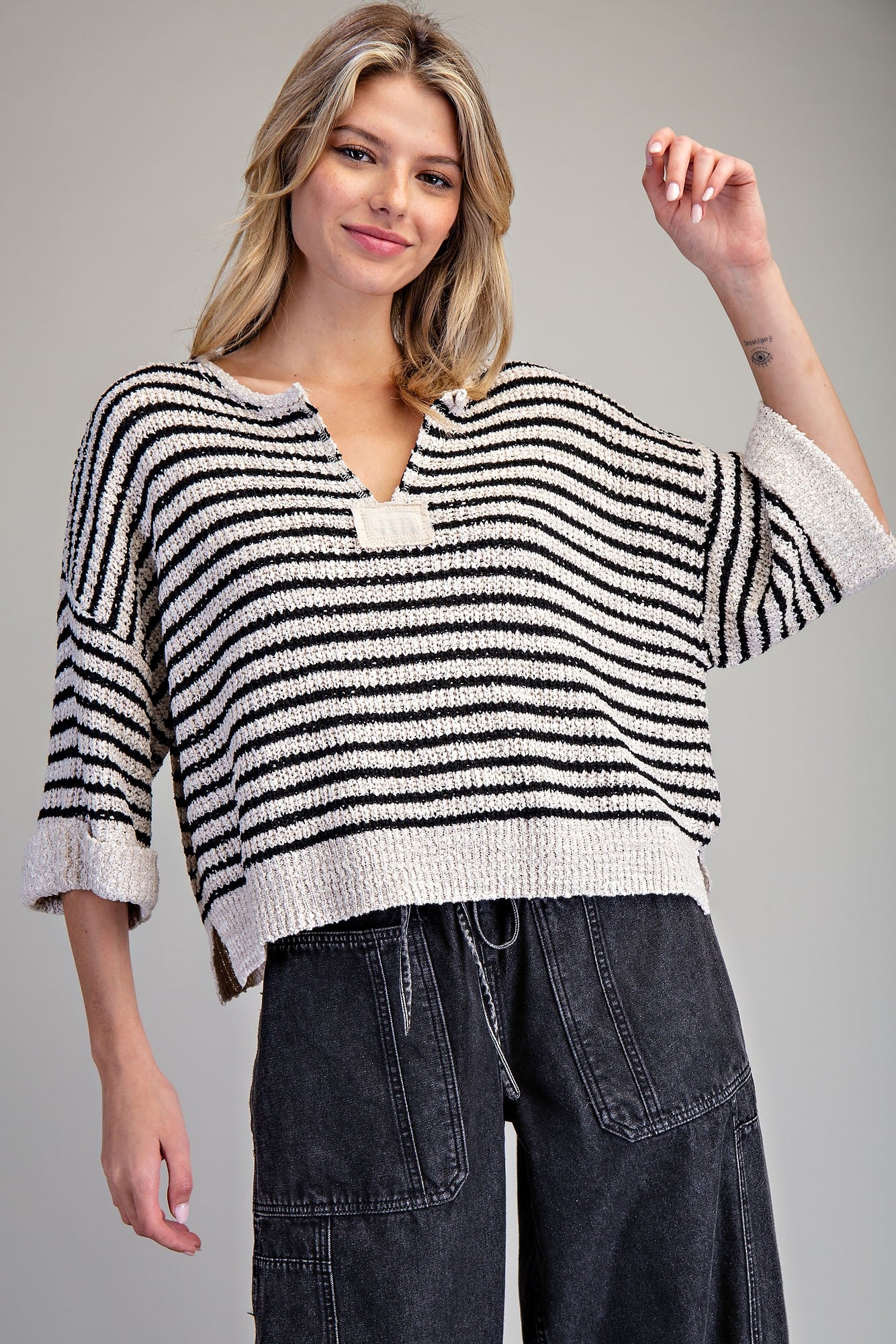 eesome Split Neck Striped Half Sleeve Sweater - Blush & Cactus