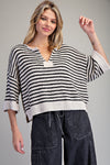 eesome Split Neck Striped Half Sleeve Sweater - Blush & Cactus