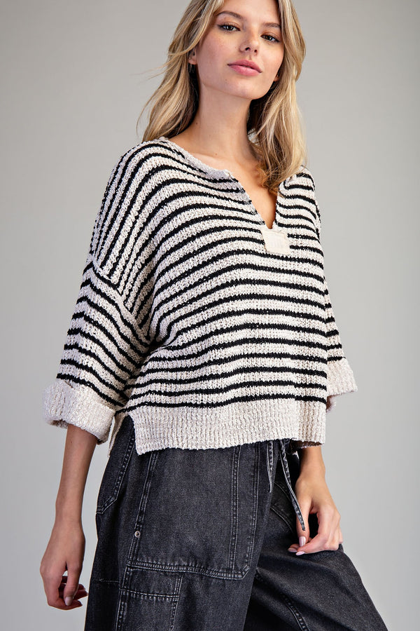 eesome Split Neck Striped Half Sleeve Sweater - Blush & Cactus