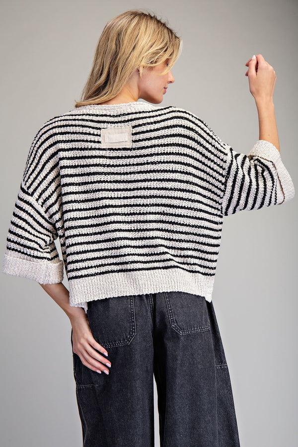 eesome Split Neck Striped Half Sleeve Sweater - Blush & Cactus