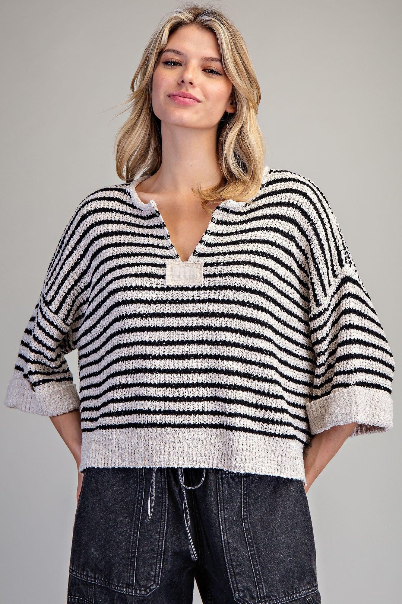 eesome Split Neck Striped Half Sleeve Sweater - Blush & Cactus