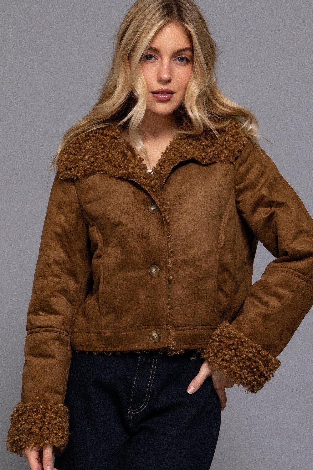 Inside Fur Suede Short Jacket - Blush & Cactus