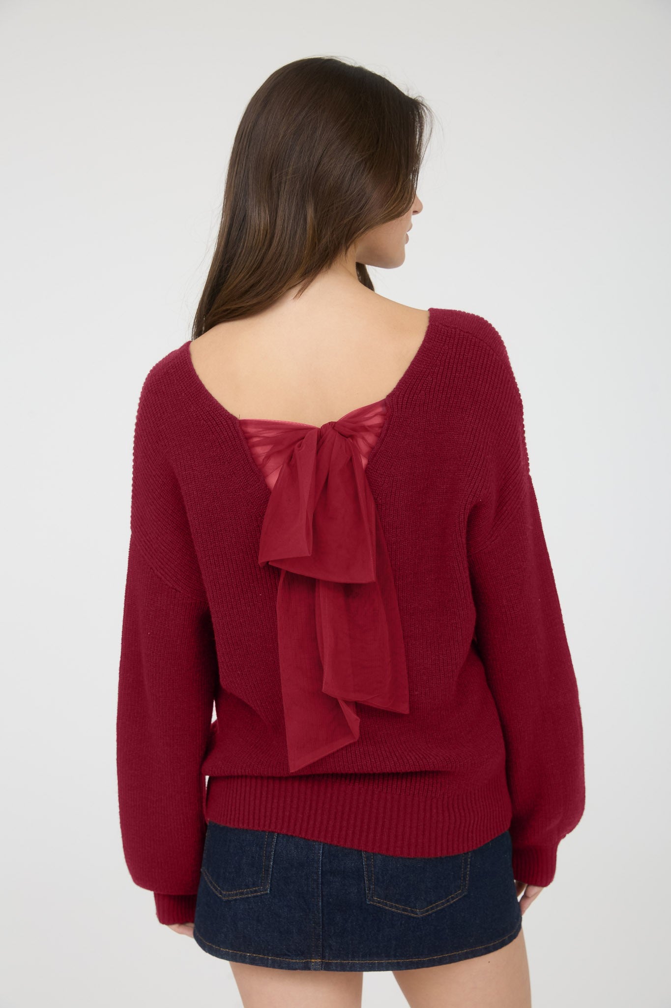 Blu Pepper V Neck Drop Shoulder Back Bow Tie Detail Sweater - Blush & Cactus