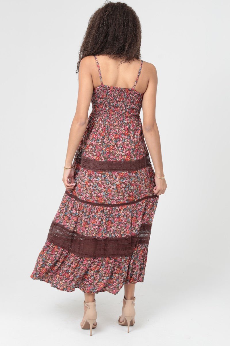 Angie Smocked Bodice Spg Strap Lace Insert Maxi Dress - Blush & Cactus