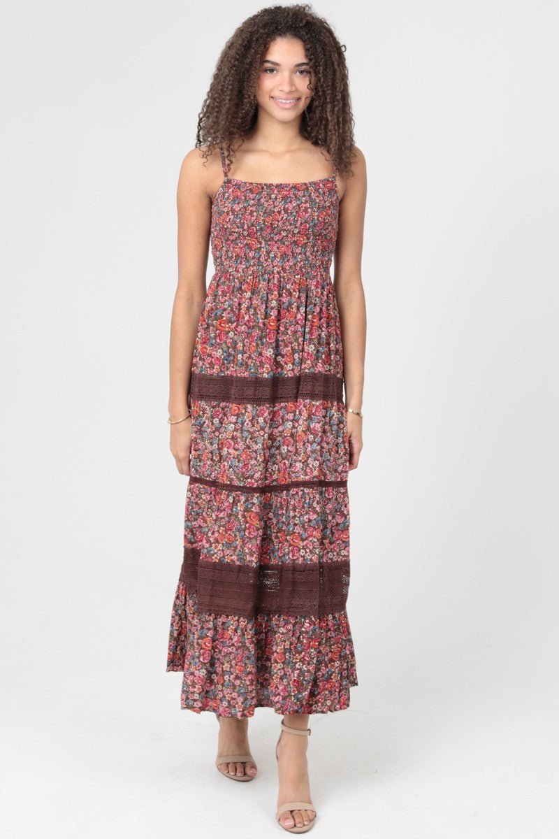 Angie Smocked Bodice Spg Strap Lace Insert Maxi Dress - Blush & Cactus
