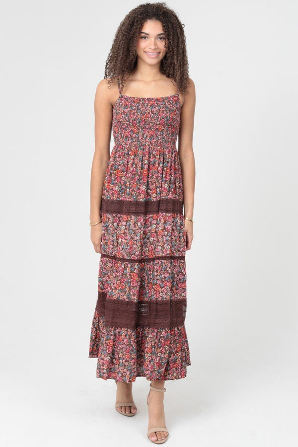 Angie Smocked Bodice Spg Strap Lace Insert Maxi Dress - Blush & Cactus