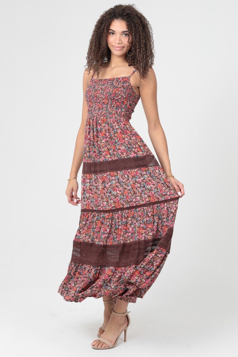 Angie Smocked Bodice Spg Strap Lace Insert Maxi Dress - Blush & Cactus