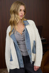 Mixed Media Cable Knit Denim Trim Jacket - Blush & Cactus