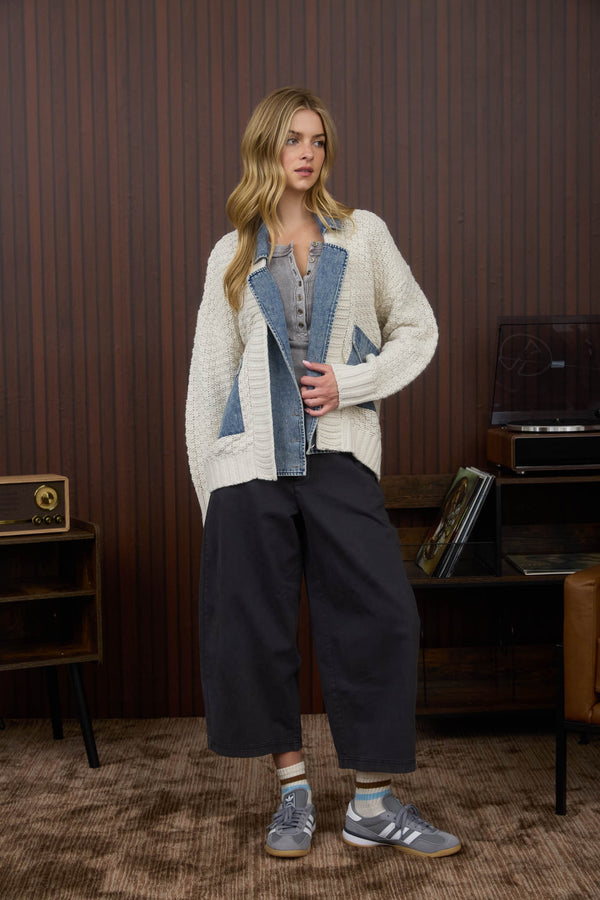 Mixed Media Cable Knit Denim Trim Jacket - Blush & Cactus