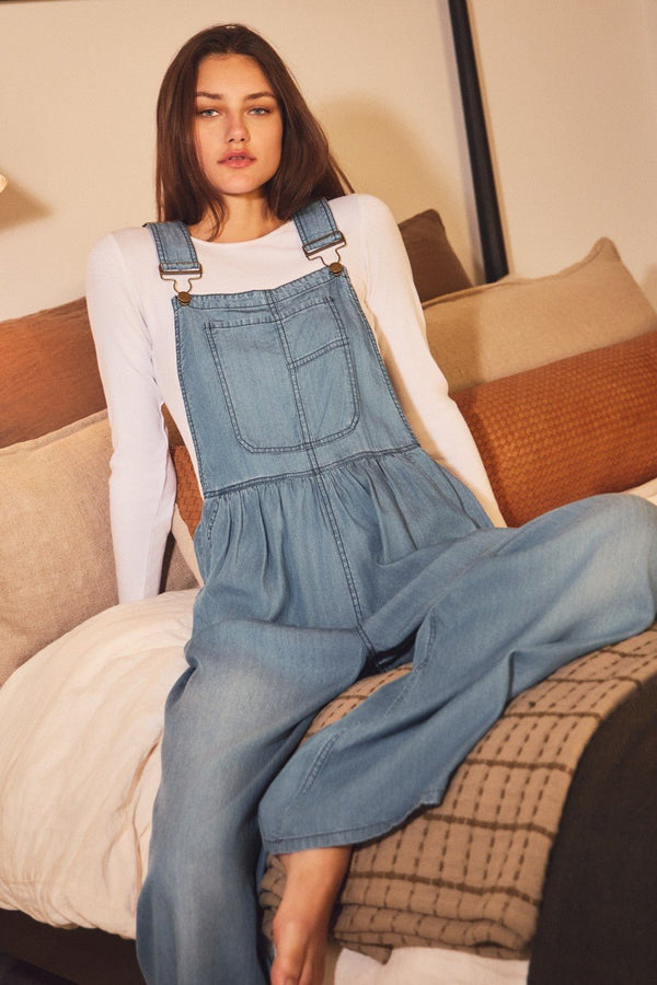 ODDI Wide - leg Washed Denim Overall Jumpsuit - Blush & Cactus