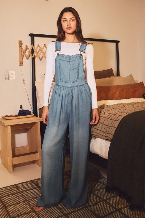 ODDI Wide - leg Washed Denim Overall Jumpsuit - Blush & Cactus