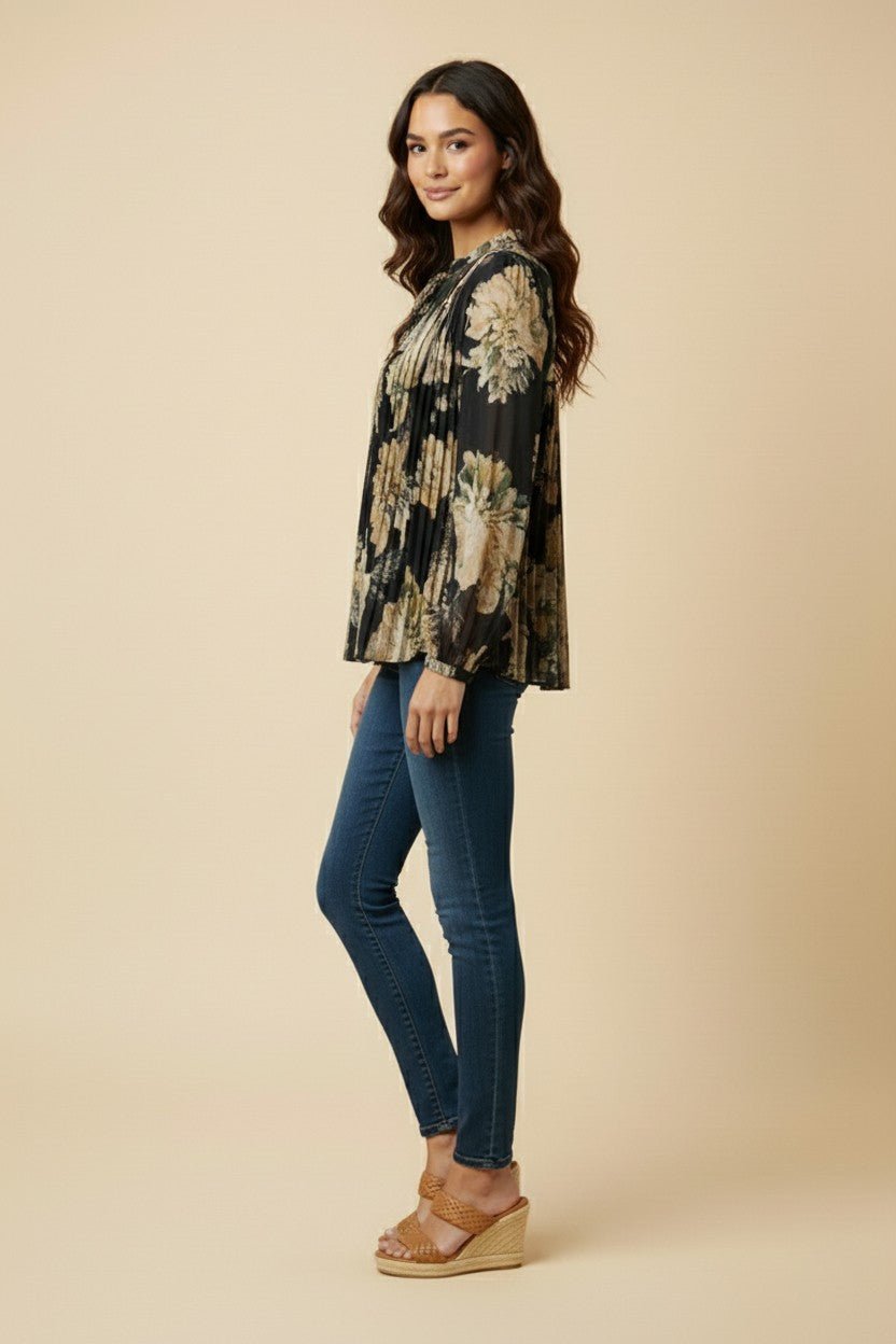 Womens Romantic Floral Pleated Tie Neck Blouse - Blush & Cactus