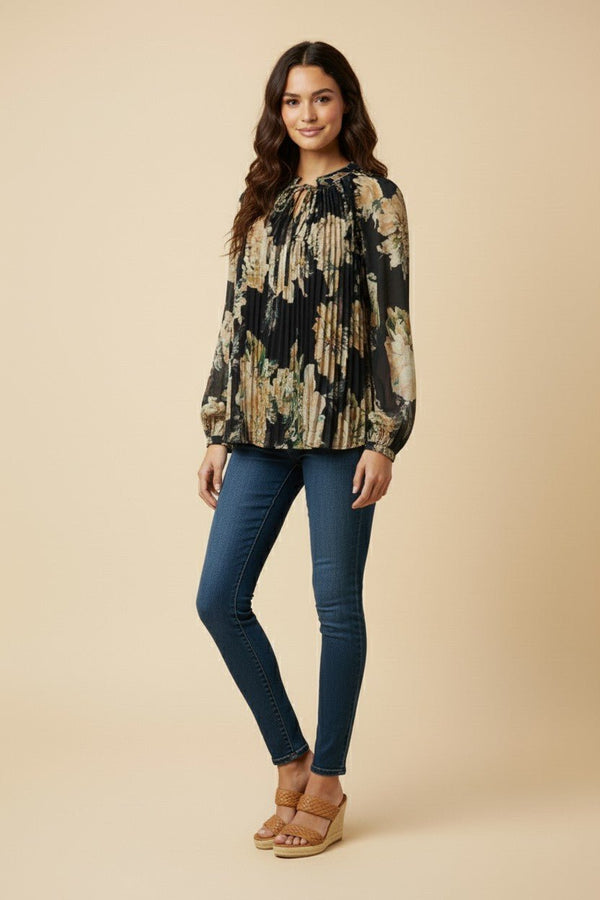 Womens Romantic Floral Pleated Tie Neck Blouse - Blush & Cactus